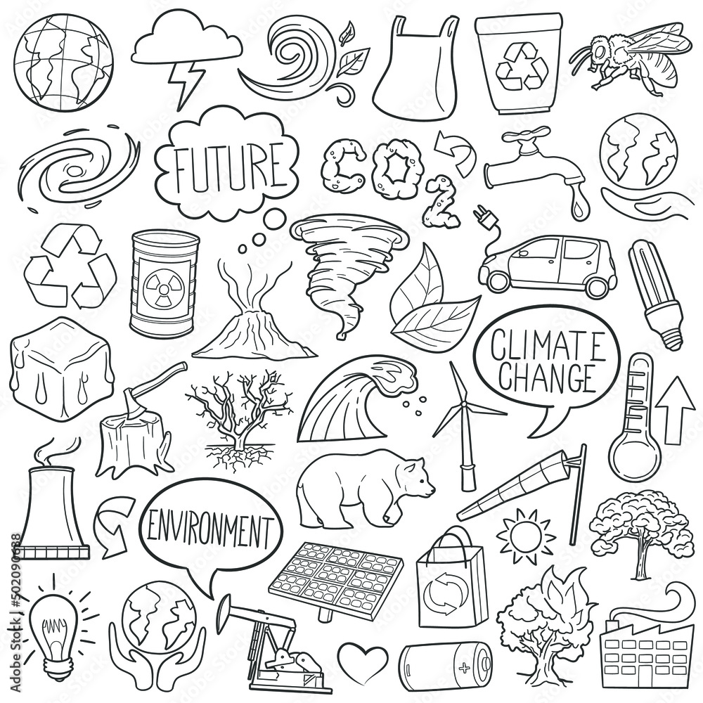 Climate Change Doodle Icons. Hand Made Line Art. Ecology Clipart Logotype Symbol Design.
