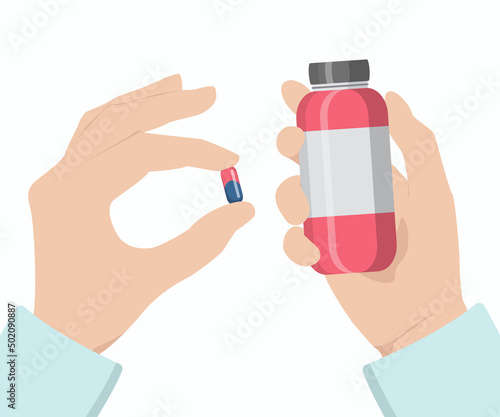 Hands with pills and bottle. Health care concept.