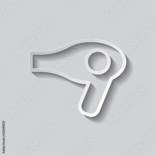 Hair dryer simple icon. Flat design. Paper style with shadow. Gray background.ai