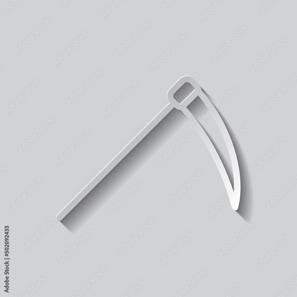 Scythe simple icon. Flat design. Paper style with shadow. Gray background.ai Scythe simple icon. Flat design. Paper style with shadow. Gray background.ai