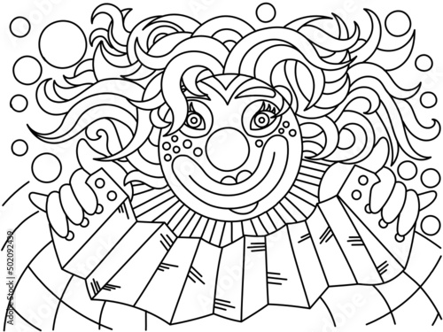 The clown plays the harmonica. Coloring book for older children.