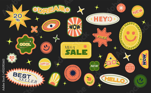 Collection of various patches, labels, tags, stickers, stamps for shopping. Black Friday, discounts, new collection. Vector set, trendy promo labels