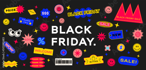 Collection of various patches, labels, tags, stickers, stamps for shopping. Black Friday, discounts, new collection. Vector set, trendy promo labels