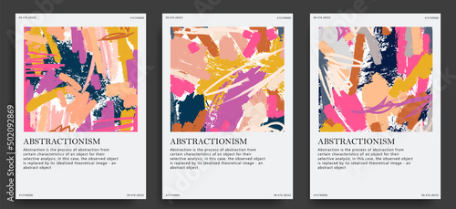 Collection of abstract posters with oil painting on canvas. Can be applied for banners, wall design, postcards, branding, packaging. Vector illustration