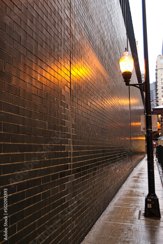 Εκτύπωση καμβά Yellow street light bouncing back from a black brick wall