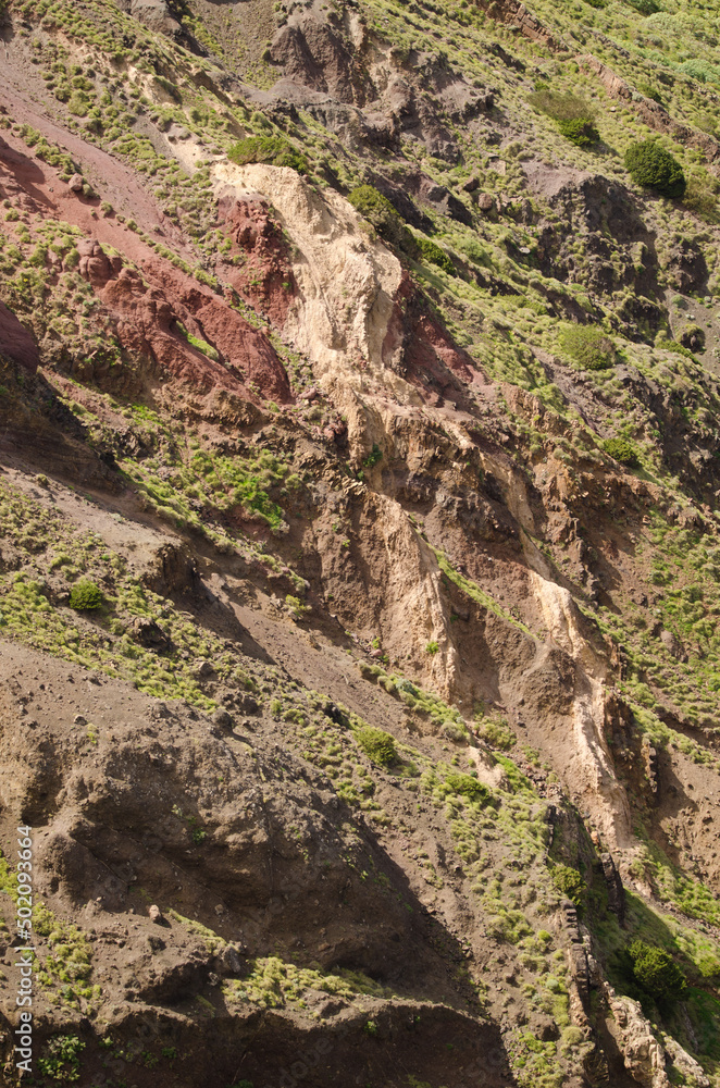 Slope with different strata in Vallehermoso. La Gomera. Canary Islands. Spain.