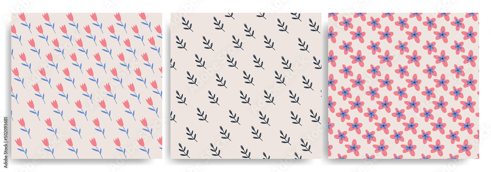 Collection of three colorful summer patterns with leaves and flowers. Hand-drawn trendy abstract illustrations. creative collage patterns. For printing or wrapping paper Collection of three colorful summer patterns with leaves and flowers. Hand-drawn trendy abstract illustrations. creative collage patterns. For printing or wrapping paper