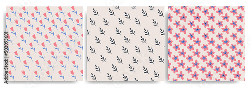 Collection of three colorful summer patterns with leaves and flowers. Hand-drawn trendy abstract illustrations. creative collage patterns. For printing or wrapping paper