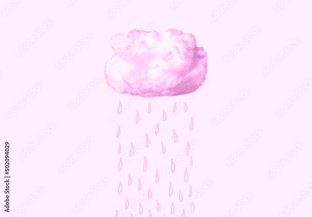 Pink cotton cloud with rain drops. Weather, forecast or dreaming concept in surreal fairy style. High quality photo