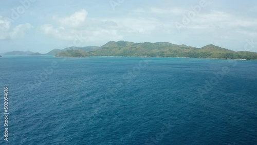 Aerial dolly over Indian ocean far from Praslin Island, Seychelles