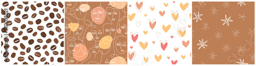 A set of seamless pattern with coffee beans, women's linear portraits, faces, hearts. Simple romantic abstract print. Vector graphics.