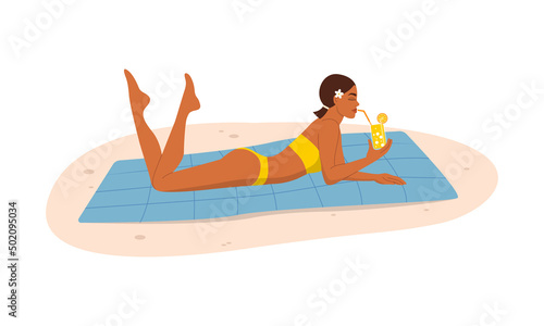 Woman in swimsuit sunbathing lying on the sea or ocean beach. Beautiful girl drinking cocktail relaxing. Summer holiday or luxury vacation. Flat vector illustration