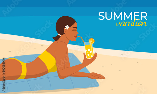 Woman in swimsuit sunbathing lying on the sea or ocean beach. Beautiful girl drinking cocktail relaxing. Summer holiday or luxury vacation. Flat vector illustration