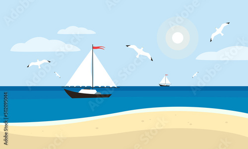 Sandy beach landscape. Summertime scenery of desert sea shore with seagulls in cloudy sky and sailboats on horizon. Flat vector illustration