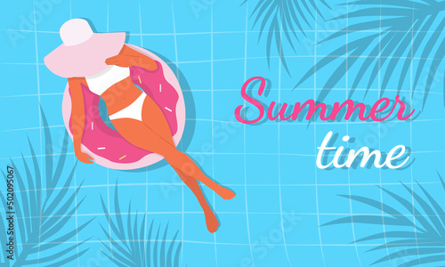 Woman relaxing on swimming inflatable rings in pool water on summer holidays. Summertime vacation card. Vector illustration 