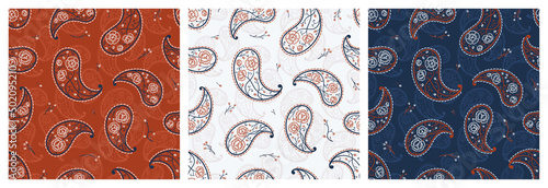 Set of Paisley Bandana Ornament with Peony and Bluebells. Vintage Oriental Paisley Seamless Pattern in 3 different colors. Vector Floral Backgrounds. Silk Neck Scarf, Headscarf, Kerchief