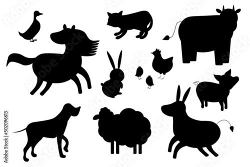 Set of silhouettes of domestic farm animals. Vector illustration livestock isolated on white  side view profile. Collection silhouette of domestic cattle. EPS