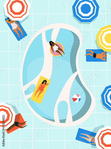swimming pool top view beach summer time scene with people , men women children swimming, floating on inflatable mattress and rings vector illustration EPS