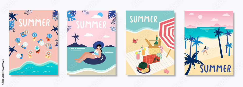 Set of vector summer travel banners with beach umbrellas, waves and surfing board EPS Set of vector summer travel banners with beach umbrellas, waves and surfing board EPS