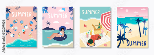 Set of vector summer travel banners with beach umbrellas, waves and surfing board EPS
