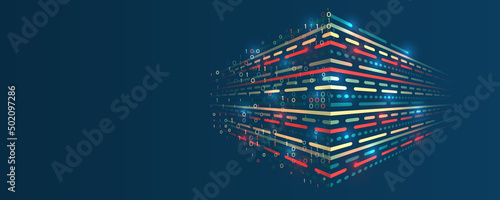The flow of information in the form of waves and particles. Visualization of a large amount of data. Abstract transformation of information. Processing sorting data fragmentation. Business analytics.