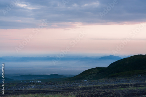 Twilight over the valley in the mountains