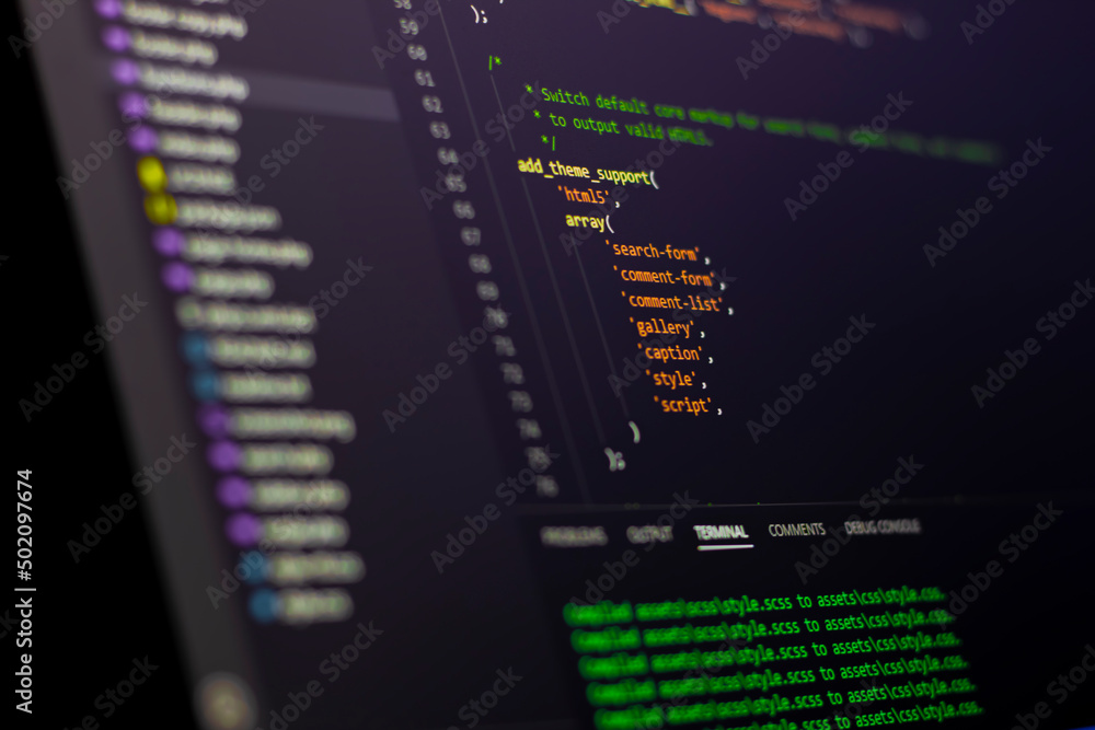 Backend coding with PHP. WordPress codes on computer screen Backend coding with PHP. WordPress codes on computer screen