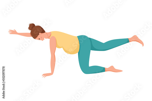 Vector illustration, pregnant woman doing exercises isolated on white. Prenatal yoga and a healthy lifestyle.