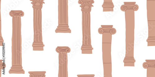 Ancient roman columns, marble baroque architecture. Vector realistic old broken antique greek pillars with capitals in doric, corinthian, ionic and tuscan style isolated. columns seamless pattern