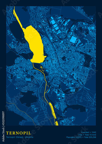 City Ternopil Ukraine Vector Poster Highly Detailed Map In Patriotic National Yellow Blue Flag Colors. City Transport System Cartography Includes Map Features Buildings Roads And Water Objects photo