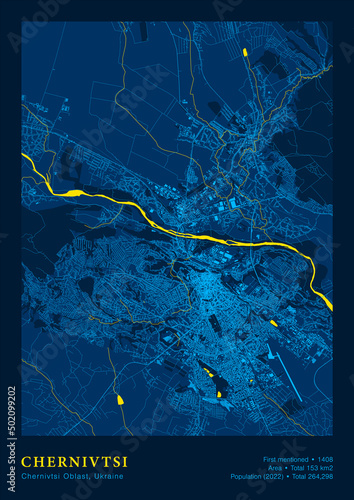 City Chernivtsi Ukraine Vector Poster Highly Detailed Map In Patriotic National Yellow Blue Flag Colors. City Transport System Cartography Includes Map Features Buildings Roads And Water Objects