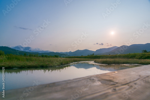 River at hydrothermal springs in Kamchatka in summer