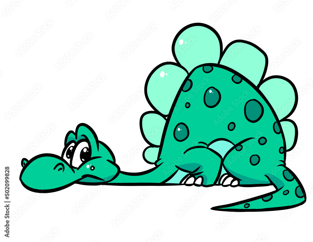 Naklejka premium Cute little dinosaur stegosaurus lies waiting cartoon illustration