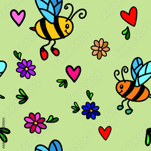 Seamless fabric vector pattern ready to print: cartooned bees and flowers, lovely texture for children © Nana