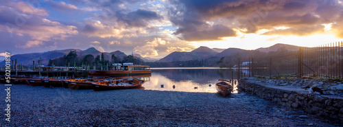 Print op canvas Spring sunset over Derwent Water from Keswick Harbour, Lake District National Pa