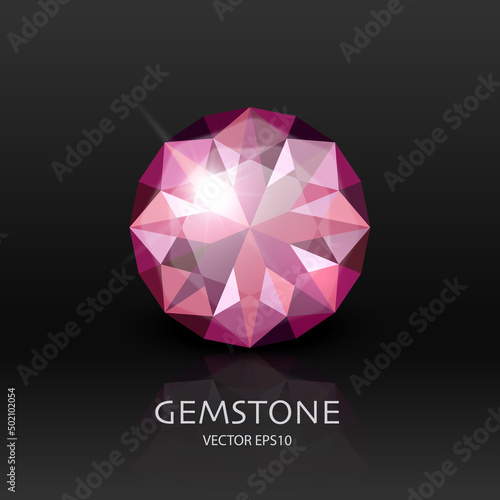 Vector Banner with 3d Realistic Pink Transparent Gemstone, Diamond, Crystal, Rhinestones Closeup on Black. Jewerly Concept. Design Template, Clipart
