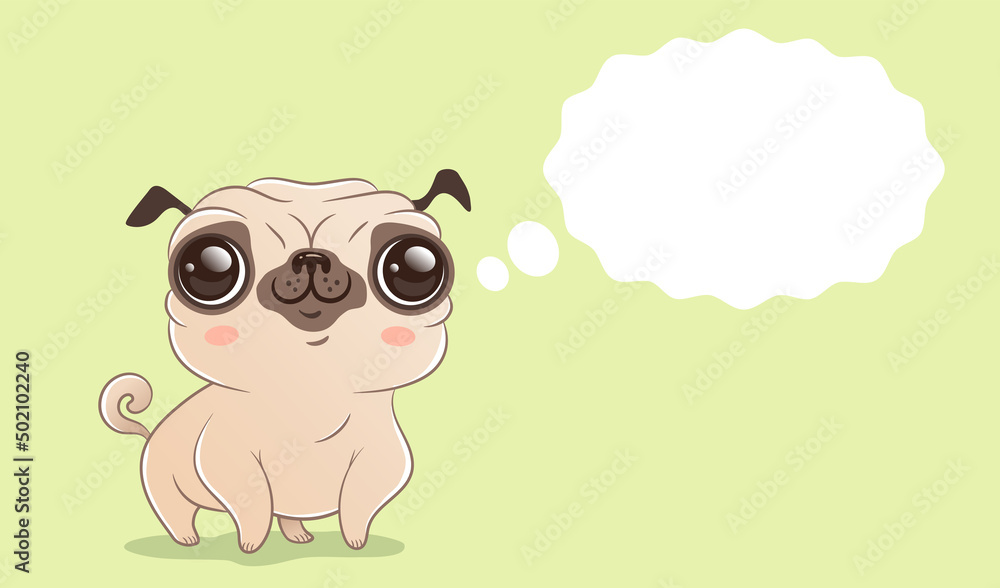 Vector cute pug dog with bubble in kawaii style. Vector cute pug dog with bubble in kawaii style.