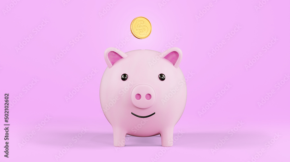 Pink piggy bank and a gold coin in the air. Concept of saving money, banner. Piggy bank on a pink background. 3d rendering.