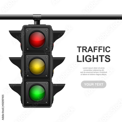 Vector Banner with 3d Realistic Detailed Road Traffic Lights IconIsolated. Safety Rules Concept, Design Templete. Stoplight, Traffic Lights Template photo