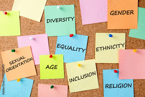 Diversity, Equality, Inclusion, Age, Ethnicity, Sexual Orientation, Gender, Religion write on a notes pinned to a board.
