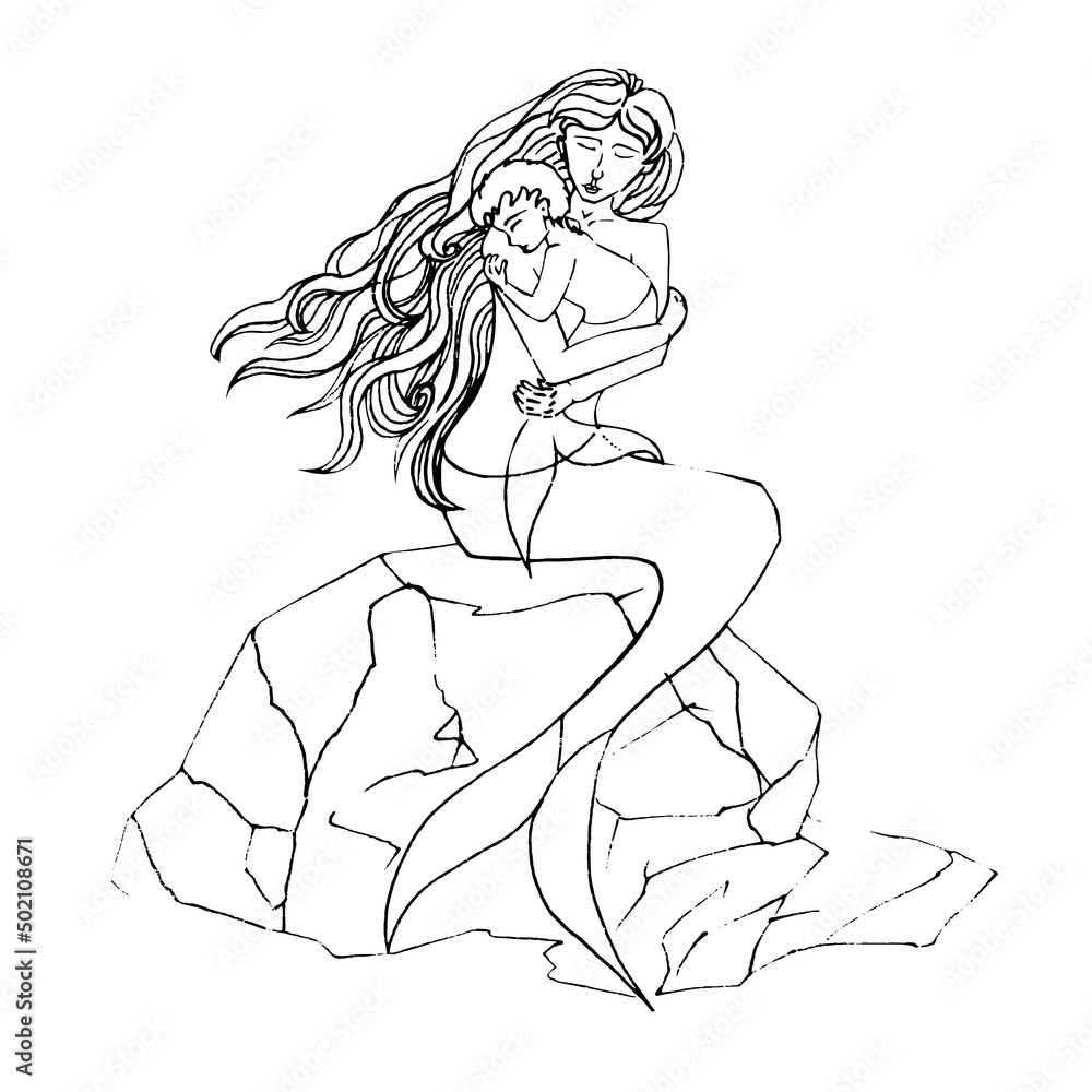 Mother mermaid hugs her child. Illustration on the theme of family values and love. Illustration in linear technique for coloring. Mother mermaid hugs her child. Illustration on the theme of family values and love. Illustration in linear technique for coloring.