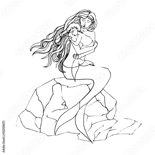 Mother mermaid hugs her child. Illustration on the theme of family values and love. Illustration in linear technique for coloring.