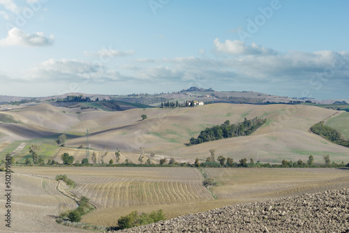 Tuscany, Val d'Arbia, Italy. October 12, 2020: Typical Tuscan rolling hills landscape photo