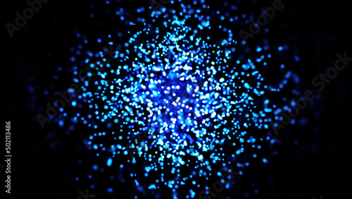 Flying through the cloud of beautiful small particles of blue color on black background. Animation. Abstract tiny circles moving quickly through the space.