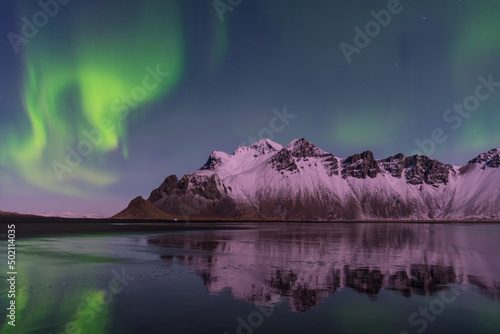 Aurora Borealis over mountain Vestrahorn in Iceland