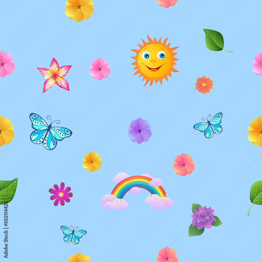 seamless vector summer objects blue background