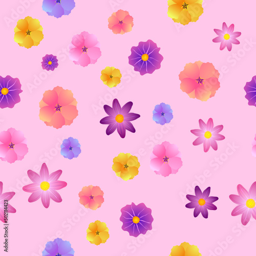Spring vector seamless pink background with flowers, leaves and butterfly 