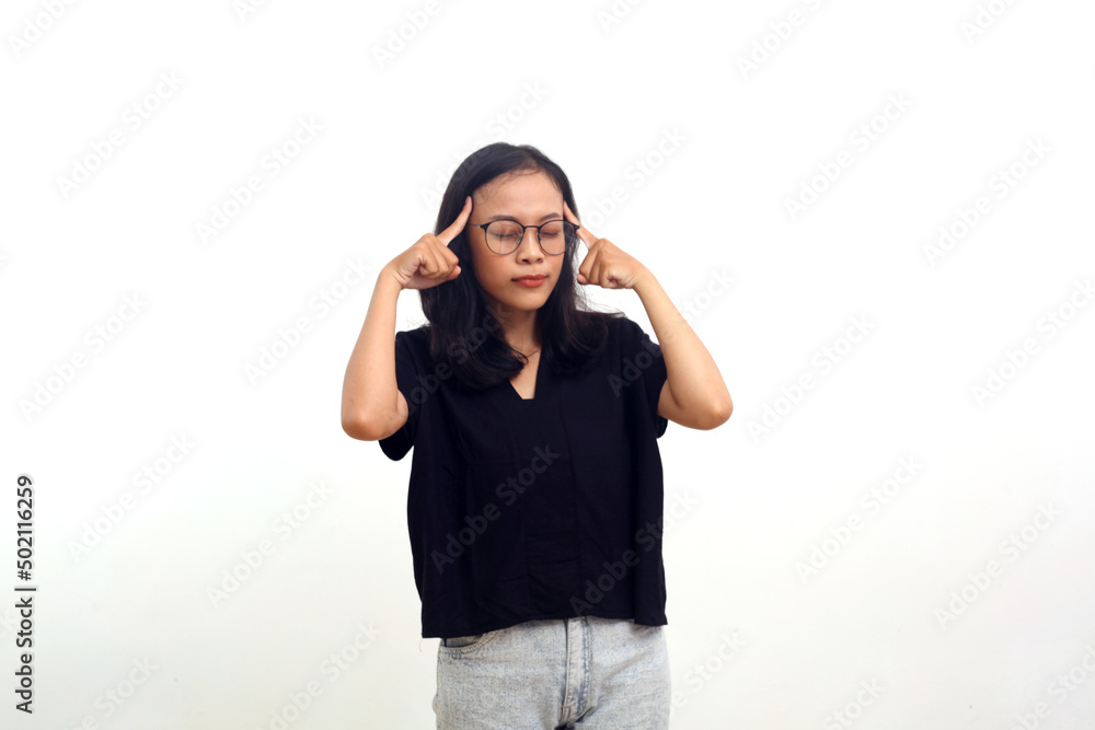 asian woman standing with headache and tired gesture. isolated on white