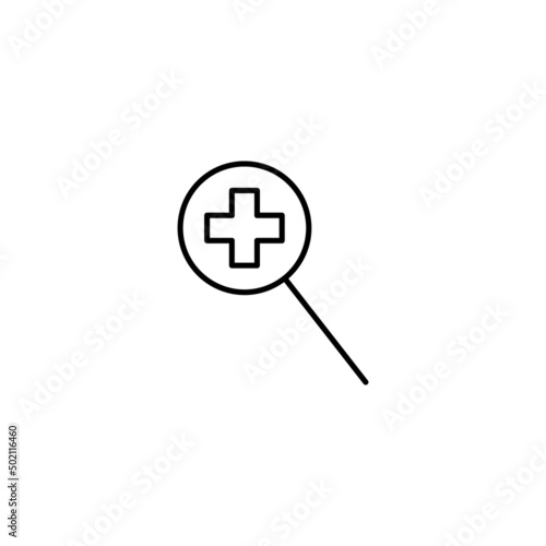 Outline symbols in flat style. Modern signs drawn with thin line. Editable strokes. Suitable for advertisements, books, internet stores. Line icon of medical cross under magnifying glass