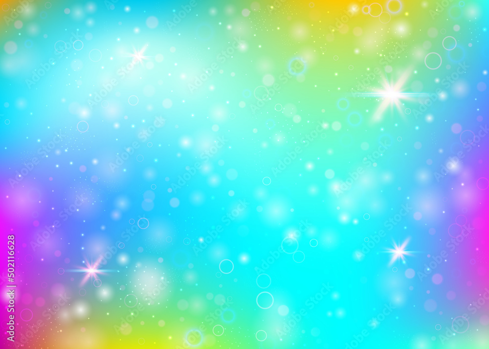 Hologram background with rainbow mesh. Liquid universe banner in princess colors. Fantasy gradient backdrop. Hologram magic background with fairy sparkles, stars and blurs.